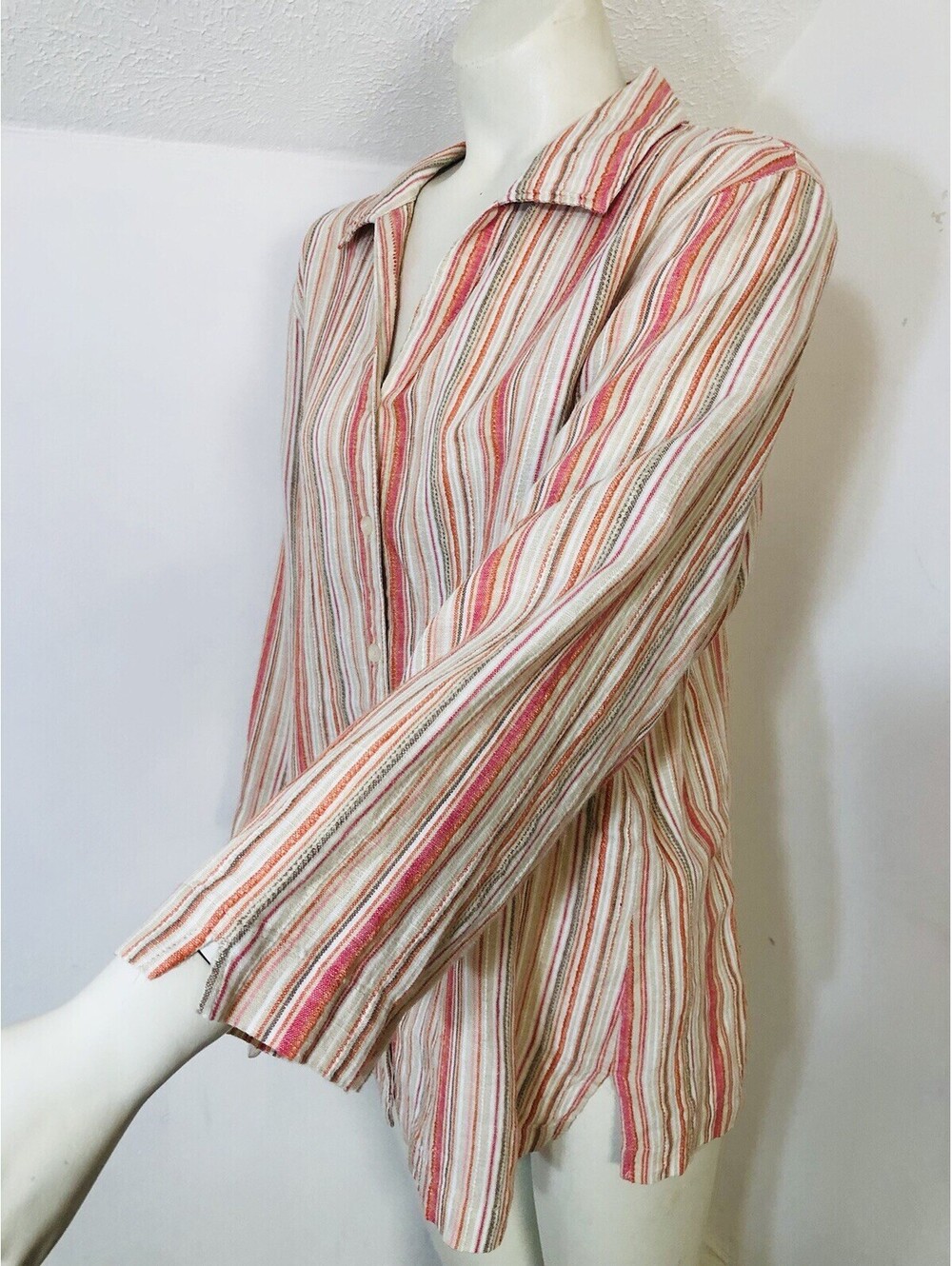 JM Collection Womens 16 Linen Blouse Multicolor Stripe 3/4 Sleeves Collar - Picture 6 of 8